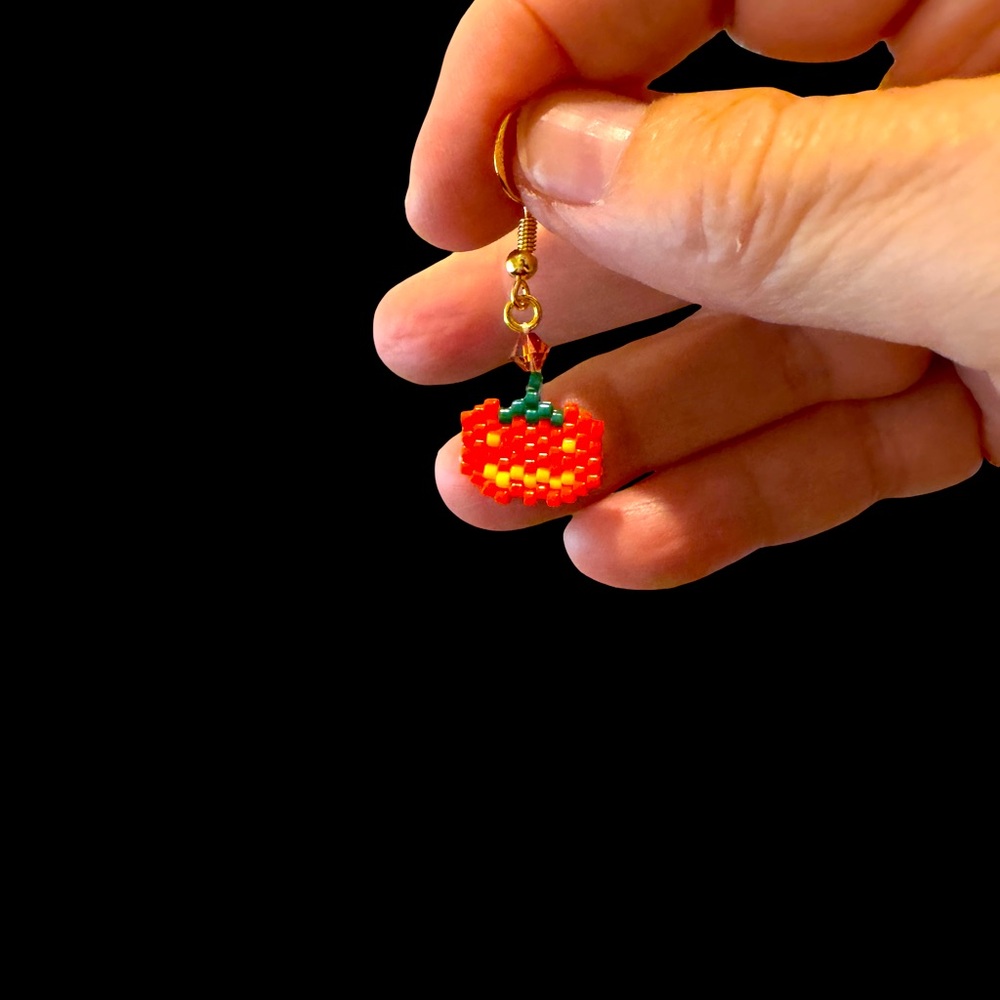 Handcrafted Small Beaded Pumpkin Jack O Lantern Earrings - Gold Plated - Picture 3 of 7